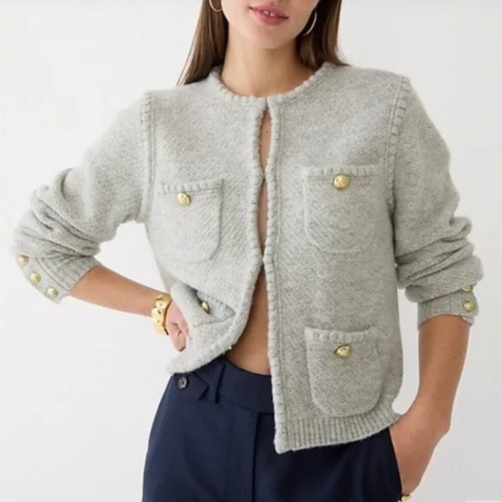 J. Crew Light Gray Knit Pocket Cardigan with Gold Buttons